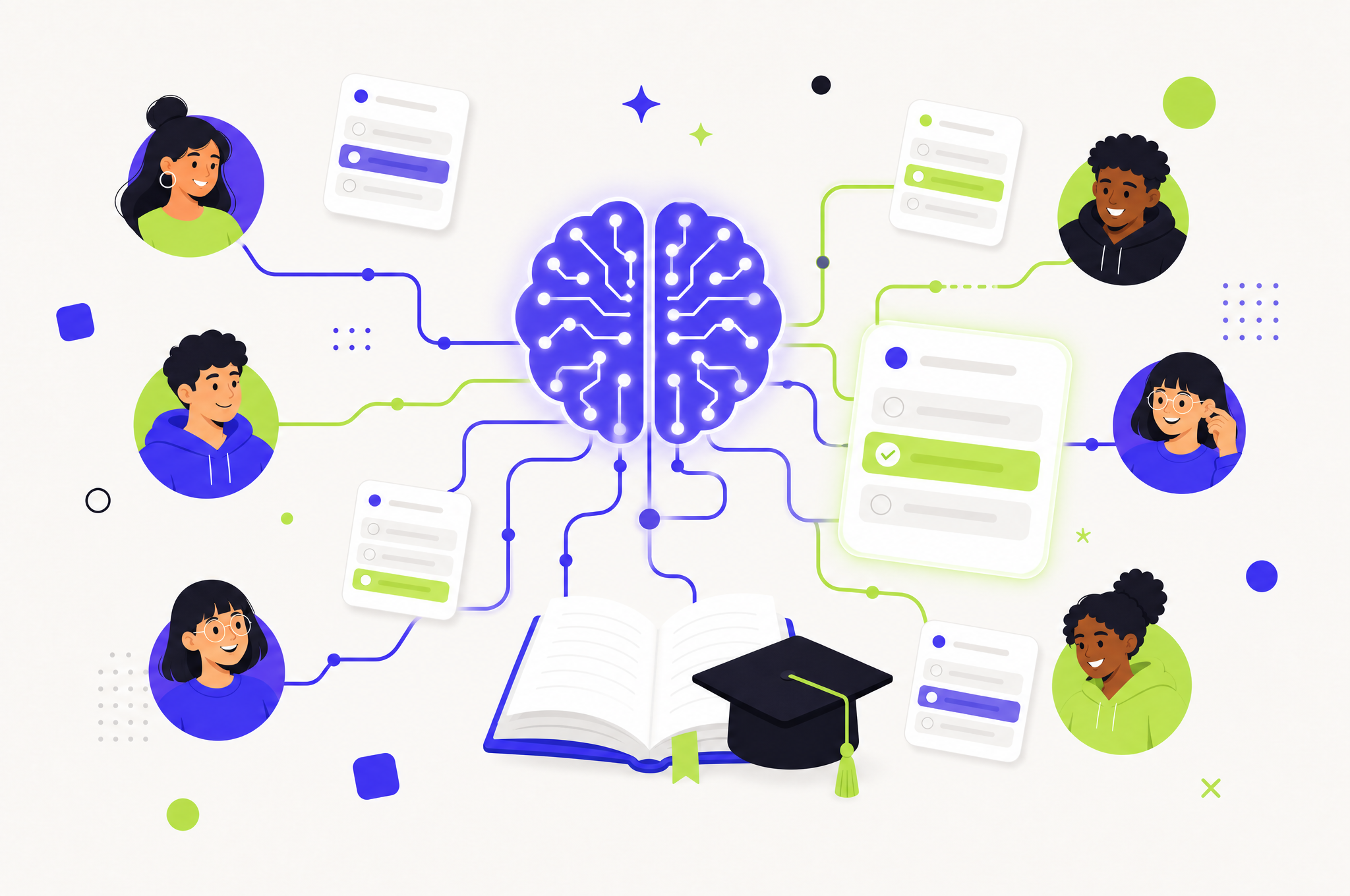 A glowing blue AI brain of circuit nodes linked to an open book and a graduation cap, with branching learning paths leading to student avatars and floating quiz cards, one marked with a green check