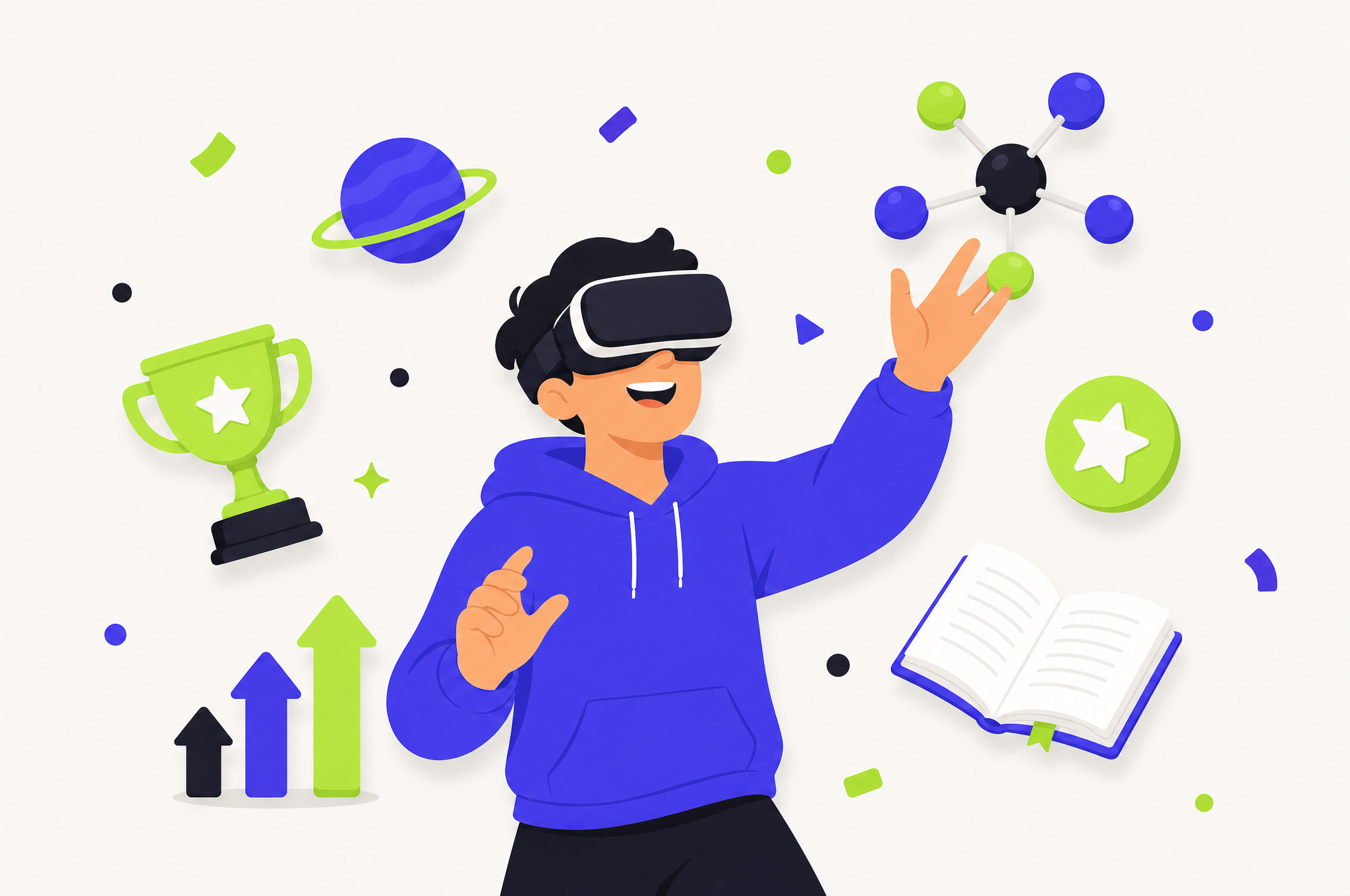 A student wearing a VR headset reaching toward a floating molecule and planet, surrounded by a trophy, a star badge, an open book and level-up arrows, representing immersive gamified learning