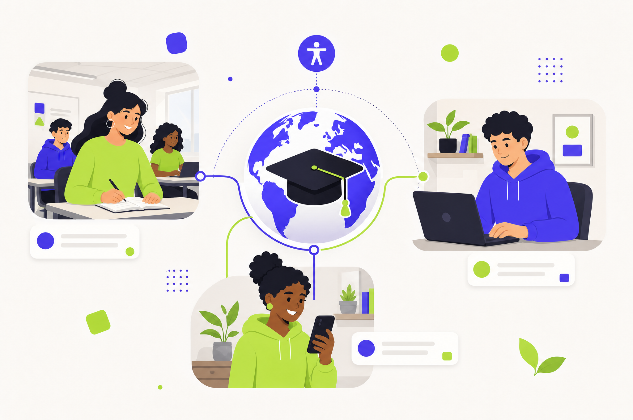 A globe wearing a graduation cap connected to three diverse learners - one in a classroom, one on a laptop at home, and one on a phone - representing inclusive, flexible hybrid learning