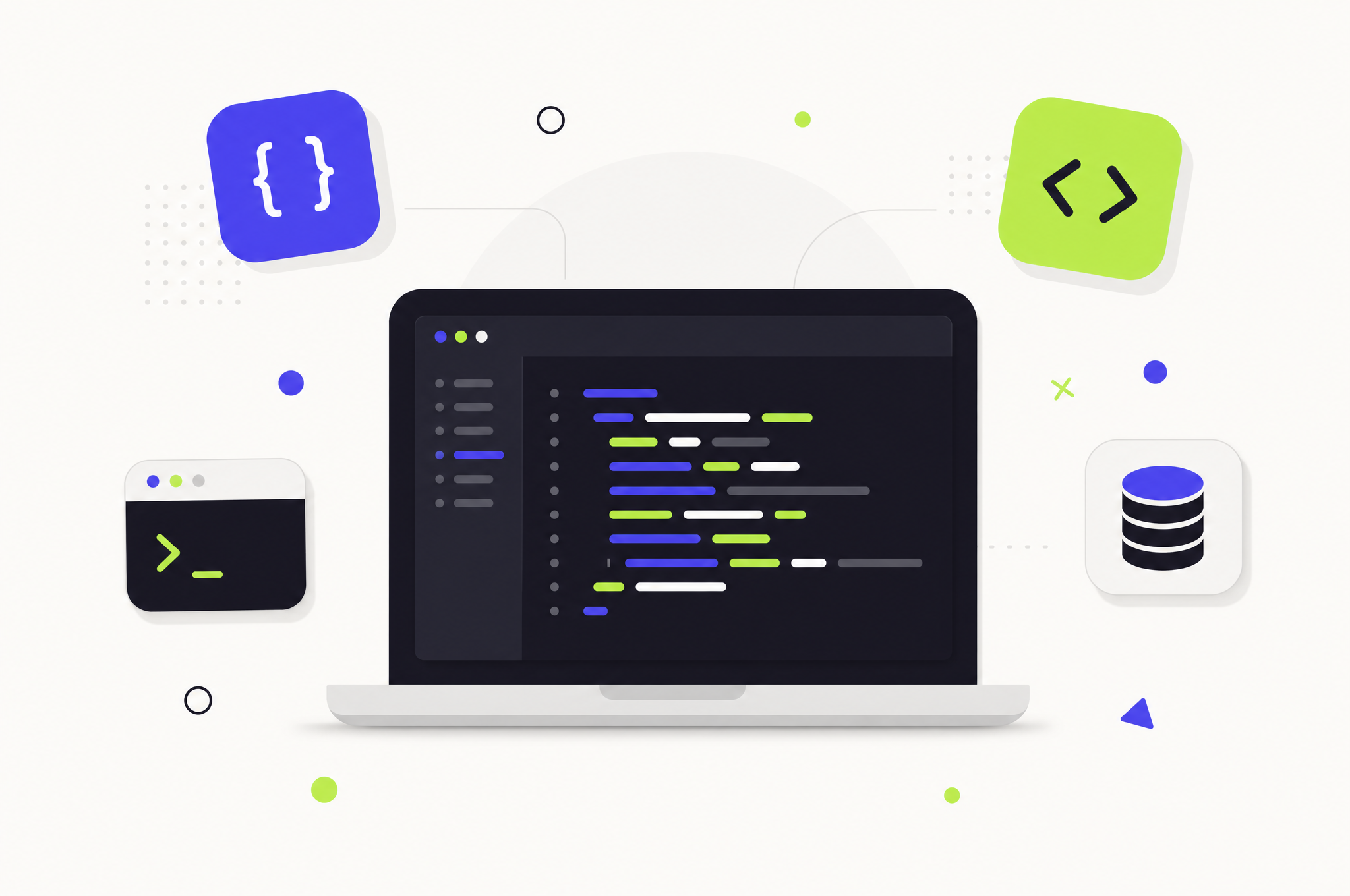 A laptop showing a code editor with floating curly braces, angle brackets, a terminal window and a database icon, representing Python programming