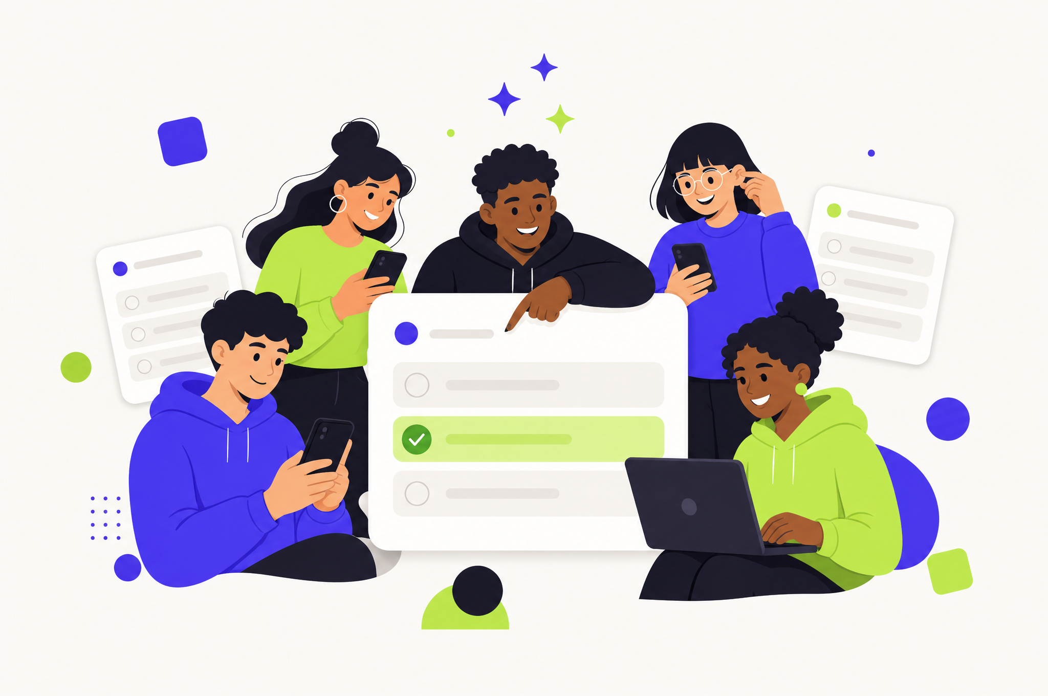 Learners answering an AI-generated multiple-choice quiz on their phones and a laptop, with one option marked correct by a green check